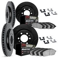 8414-92002 Drilled/Slotted Brake Rotors with Ultimate-Duty Brake Pads Kit & Hardware [Black], 2008-2014 Mitsubishi, Position: Fr