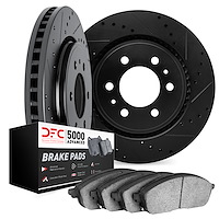 8502-23004 Drilled/Slotted Brake Rotors w/5000 Advanced Brake Pads Kit [Black], 1972-1979 Renault, Position: Front