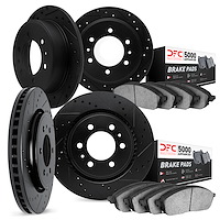 8504-23000 Drilled/Slotted Brake Rotors w/5000 Advanced Brake Pads Kit [Black], 1972-1979 Renault, Position: Front and Rear