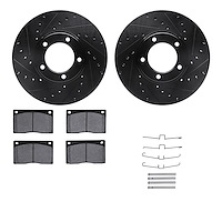 8512-20001 Drilled/Slotted Brake Rotors w/5000 Advanced Brake Pads Kit & Hardware [Black], 1973-1997 Jaguar, Position: Front