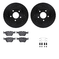8512-20006 Drilled/Slotted Brake Rotors w/5000 Advanced Brake Pads Kit & Hardware [Black], 1998-2003 Jaguar, Position: Front
