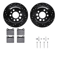 8512-27009 Drilled/Slotted Brake Rotors w/5000 Advanced Brake Pads Kit & Hardware [Black], 1975-1997 Volvo, Position: Rear