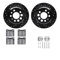 8512-27102 Drilled/Slotted Brake Rotors w/5000 Advanced Brake Pads Kit & Hardware [Black], 1975-1987 Volvo, Position: Rear