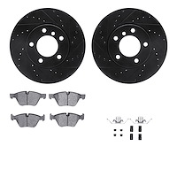 8512-31072 Drilled/Slotted Brake Rotors w/5000 Advanced Brake Pads Kit & Hardware [Black], 2007-2012 BMW, Position: Front