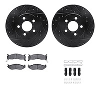 8512-40144 Drilled/Slotted Brake Rotors w/5000 Advanced Brake Pads Kit & Hardware [Black], 1991-1995 Mopar, Position: Front