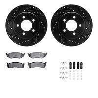 8512-40293 Drilled/Slotted Brake Rotors w/5000 Advanced Brake Pads Kit & Hardware [Black], 1996-2002 Mopar, Position: Front