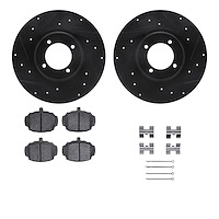 8512-64001 Drilled/Slotted Brake Rotors w/5000 Advanced Brake Pads Kit & Hardware [Black], 1962-1980 MG, Position: Front
