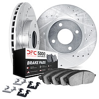 8512-65004 Drilled/Slotted Brake Rotors w/5000 Advanced Brake Pads Kit & Hardware [Black], 1985-1986 GM, Position: Front