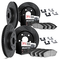 8514-20002 Drilled/Slotted Brake Rotors w/5000 Advanced Brake Pads Kit & Hardware [Black], 1998-2003 Jaguar, Position: Front and