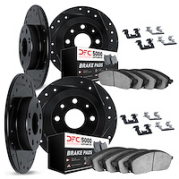 8514-28012 Drilled/Slotted Brake Rotors w/5000 Advanced Brake Pads Kit & Hardware [Black], 1971-1979 Peugeot, Position: Front an