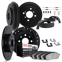 8514-31081 Drilled/Slotted Brake Rotors w/5000 Advanced Brake Pads/Drums/Shoes & Hardware Kit [Black], 1977-1983 BMW, Position: 
