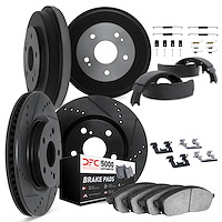 8514-47014 Drilled/Slotted Brake Rotors w/5000 Advanced Brake Pads/Drums/Shoes & Hardware Kit [Black], 2005-2008 GM, Position: F