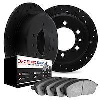8602-16001 Drilled/Slotted Brake Rotors w/5000 Euro Ceramic Brake Pads Kit [Black], 1975-1979 Alfa Romeo, Position: Rear