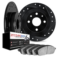 8602-28000 Drilled/Slotted Brake Rotors w/5000 Euro Ceramic Brake Pads Kit [Black], 1989-1991 Peugeot, Position: Rear