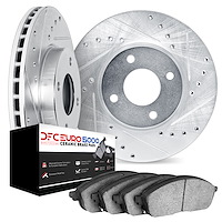 8602-47000 Drilled/Slotted Brake Rotors w/5000 Euro Ceramic Brake Pads Kit [Black], 1994-2010 GM, Position: Front
