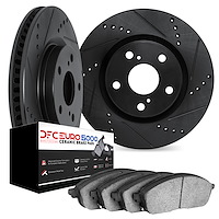 8602-92003 Drilled/Slotted Brake Rotors w/5000 Euro Ceramic Brake Pads Kit [Black], 2006-2007 BMW, Position: Front
