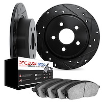 8602-92006 Drilled/Slotted Brake Rotors w/5000 Euro Ceramic Brake Pads Kit [Black], 2011-2015 Renault, Position: Rear