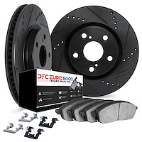 8612-16005 Drilled/Slotted Brake Rotors w/5000 Euro Ceramic Brake Pads Kit & Hardware [Black], 2017-2021 Alfa Romeo, Position: F