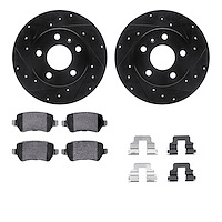 8612-53003 Drilled/Slotted Brake Rotors w/5000 Euro Ceramic Brake Pads Kit & Hardware [Black], 2002-2008 GM, Position: Rear