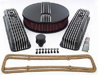 Classic Finned Valve Covers and Air Filter Kit for 1959-1986 Small Block Chevy 262-400 Black Powder Coated Finish