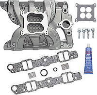 Pontiac Performer RPM Manifold with Installation Kit Carb and intake gaskets, blue gasket sealer, carb studs included
