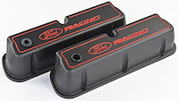Die-Cast Aluminum Tall Valve Covers for Small Block Ford 289-302-351W in Black Crinkle Finish with Red Ford Racing Emblem
