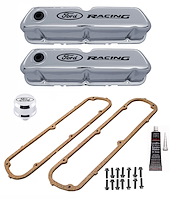 302-071 Stamped Steel Tall Valve Covers for Small Block Ford 289, 302, 351W Chrome Finish w/Black Ford Racing Emblem