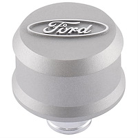 Push-In Aluminum Valve Cover Air Breather Cap with Raised & Machined Oval Ford Emblem in Cast Gray Crinkle Finish