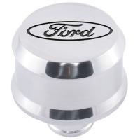 Push-In Aluminum Valve Cover Air Breather Cap with Recessed Black Oval Ford Emblem in Polished Finish