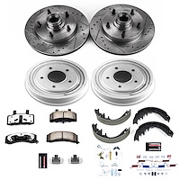 Z36 Truck Ceramic Brake Pads, Drilled + Slotted Rotors, Drum + Shoe Kit for 1987-1989 Ford F-150