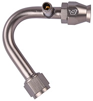 AN 135-Degree A/C PTFE Hose End Fitting w/Service Port [-10 AN Female w/O-ring to -10 AN PTFE Hose, Champagne Anodized Aluminum]