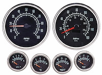 Retro Muscle Car 6-Gauge Set, Black Analog Face [5 in. Dia. Speedometer & Tachometer]