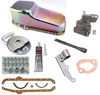 Stock Replacement Oil Pan Kit for 1955-1979 Chevy Small Block Engines w/Left Hand Dip Stick & 2-Piece Rear Main Seal [Gold Zinc]