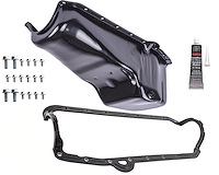 Stock Replacement Oil Pan Kit for 1955-1979 Chevy Small Block Engines w/Left Hand Dip Stick & 2-Piece Rear Main Seal [Black]