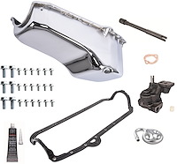 Stock Replacement Oil Pan Kit for 1955-1979 Chevy Small Block Engines w/Left Hand Dip Stick & 2-Piece Rear Main Seal [Chrome]