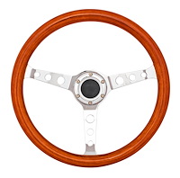 Classic Wood Grain Steering Wheel, Chrome Tri-Hole 3-Spoke [15 in. Diameter]