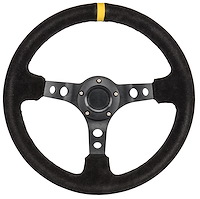 Aluminum Racing Steering Wheel, 13 1/2 in. Diameter, 3 in. Dish [Black Suede Full Wrap Grip with Yellow Center Marker]