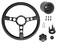 Formula Steering Wheel Kit for 1970-1981 Pontiac Firebird Trans AM [Black 3-Spoke w/Black Grip & TA Red Bird Emblem]