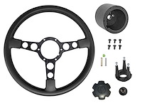 Formula Steering Wheel Kit for 1970-1981 Pontiac Firebird Trans AM [Black 3-Spoke w/Black Grip & TA Gold Bird Emblem]