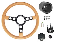 Formula Steering Wheel Kit for 1970-1981 Pontiac Firebird Trans AM [Black 3-Spoke w/Tan Grip & TA Red Bird Emblem]