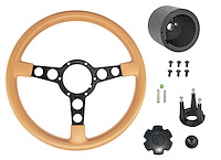 Formula Steering Wheel Kit for 1970-1981 Pontiac Firebird Trans AM [Black 3-Spoke w/Tan Grip & TA Gold Bird Emblem]