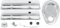 T3043 Chevrolet Engine Dress-Up Set; Small Block; Low Profile Valve Covers; Timing Cover; Chrome
