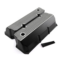 FORD 302 351C CLEVELAND BLACK FINNED ALUMINUM VALVE COVERS - TALL W/ HOLE