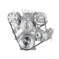 PCE415.1021.01 Complete Serpentine Engine Pulley Set Small Block Chevy 350, Reverse Rotation Long Water Pump [Clear Anodized]