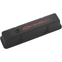 Die-Cast Aluminum Tall Valve Covers for 1958-1986 Small Block Chevy with Red Chevrolet/Bowtie Emblem in Black Crinkle Finish
