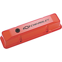Die-Cast Aluminum Tall Valve Covers for 1958-1986 Small Block Chevy with Chevrolet/Bowtie Recessed Emblem in Chevy Orange Finish