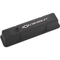 Die-Cast Aluminum Tall Valve Covers for 1958-1986 Small Block Chevy with Silver Chevrolet/Bowtie Emblem in Black Crinkle Finish