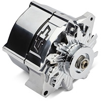 141-156 Slant-Edge Alternator with Black Recessed Bowtie Emblem for Chevy Small Block, Big Block V8 Engines [Polished]