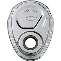 Small Block Chevy Timing Chain Cover with Embossed Bowtie & Chevrolet Emblem in Chrome Finish