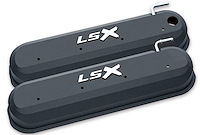 Slant-Edge Tall Cast Aluminum Valve Covers for GM LS Engines [Black Powder Coat, LSX Emblem]